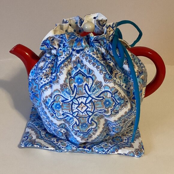 NWOT Teapot Tea Cozy Blue Cover + Pot Holder Handmade Kitchen Linens Accessories - Picture 1 of 5